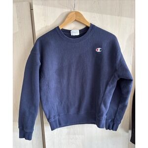 Vintage Champion Reverse Weave Sweatshirt Womens‎ Cropped Medium Dark Blue